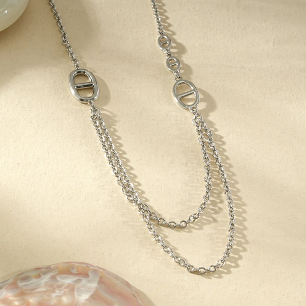 Collier Acier Inoxydable Argenté Double Chaîne & Maille Chaîne d'Ancre - 2