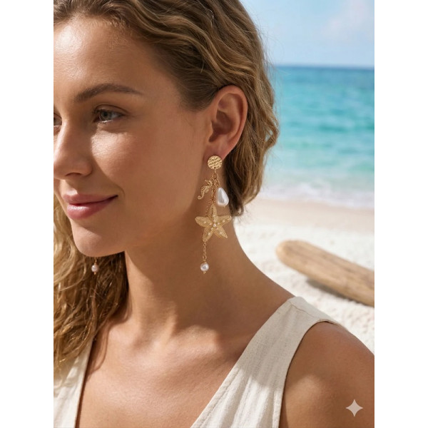 Boucles d’oreilles étoile de mer & hippocampe dorées – Bijou marin - 1