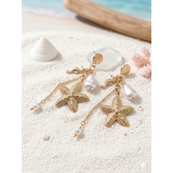 Boucles d’oreilles étoile de mer & hippocampe dorées – Bijou marin - 2