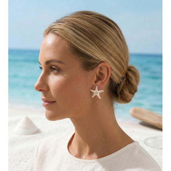Boucles d’Oreilles Étoile de Mer Dorées Nacrées - Bijoux Acier Inoxydable - 1