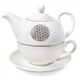 Service à thé Fleur de Vie dorée avec théière , tasse & soucoupe - 1