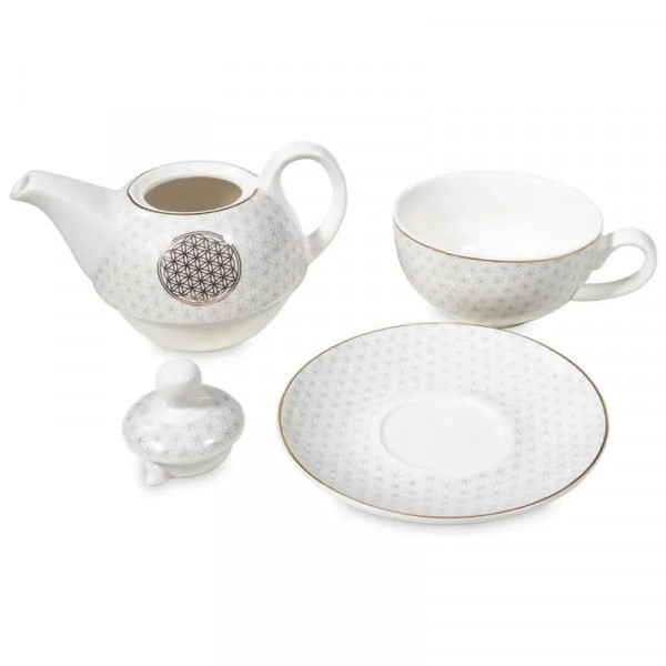 Service à thé Fleur de Vie dorée avec théière , tasse & soucoupe - 3