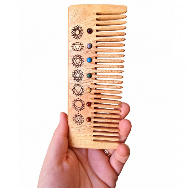 Peigne en Bois 7 Chakras Naturel 17x7 cm - Massage Cuir Chevelu - 3